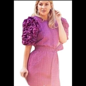 Purple Striped Dress with Puff Sleeves